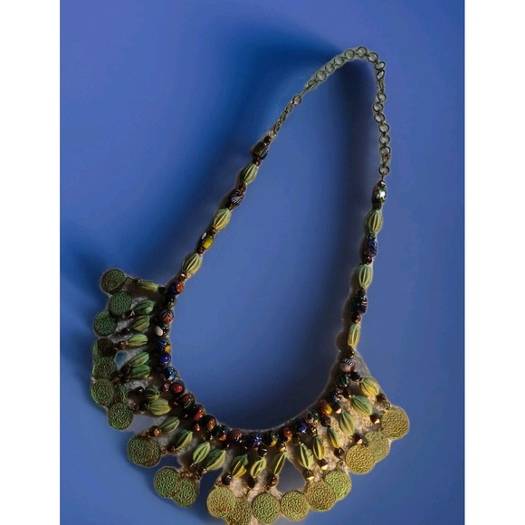 Artisan Jewelry - Artisan African Trade Necklace 41" Millefiori Beads Brass Black Bold Ethnic